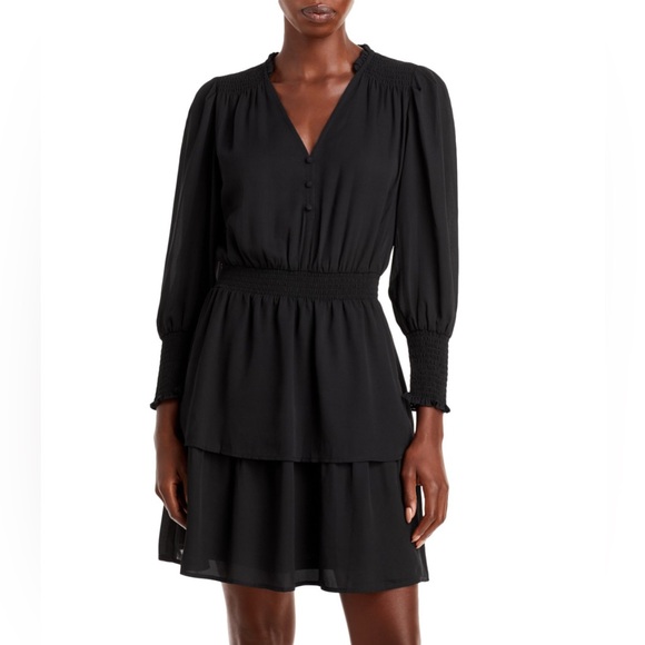 Aqua Smocked Black Mini Dress | Exclusive Bloomingdale’s LBD Ruffle Tiered Sz S - Picture 1 of 5